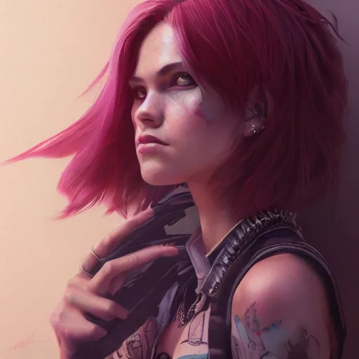 Image similar to highly detailed portrait of a punk young lady by by Loish, Artgerm,Greg Rutkowski, 4k resolution