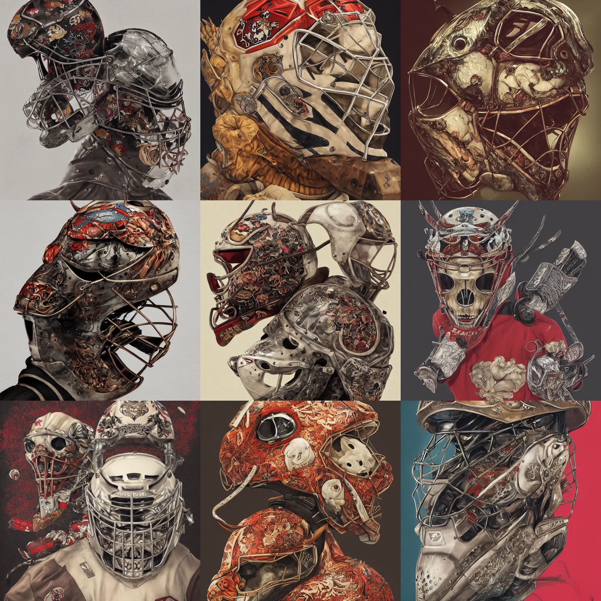 Image similar to a portrait of a hockey goalie helmet with a japanese devil skull animal illustrated by miyazaki by karol bak, james jean, tom bagshaw, rococo, sharp focus, trending on artstation, cinematic lighting, hyper realism, octane render, 8 k, hyper detailed, vivid, ultra detailed, highly detailed