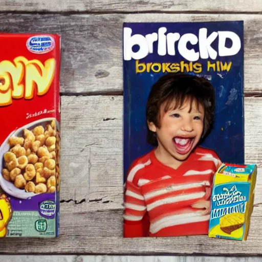 Image similar to photo of a cereal - box with a picture of a smiling broken - toothed child on the cover