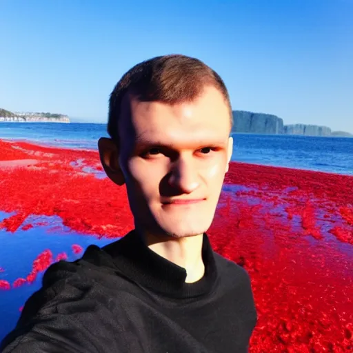 Image similar to vitalik buterin on a red beach taking a selfie