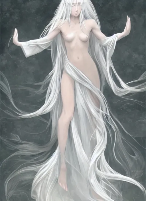 Prompt: tall thin beautiful goddess, pale wan female angel, long flowing silver hair covering her whole body, beautiful!!! painting, young wan angel, flowing silver hair, flowing white robes, flowing hair covering front of body, white robe, white dress!! of silver hair, covered!!, clothed, unexposed, aesthetic, mystery