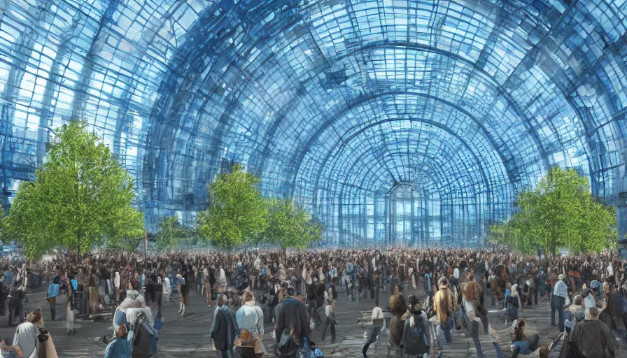 Prompt: exterior of the berlin's glass blue train station dome with trees and crowd, hyperdetailed, artstation, cgsociety, 8 k