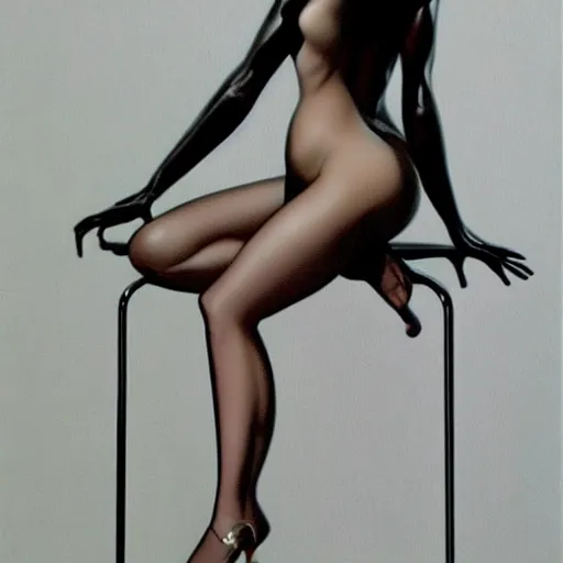 Image similar to artstation a woman seductively posing on a stool, by Hajime Sorayama, very detailed, , portrait, high contrast