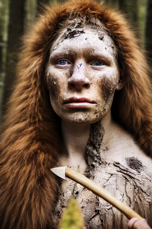 Image similar to a professional portrait photo of a gentle strong neanderthal woman in the forest in winter holding a spear, freckles and mud on face, black stripe painted side to side across her eyes, ginger hair and fur, extremely high fidelity, natural lighting,