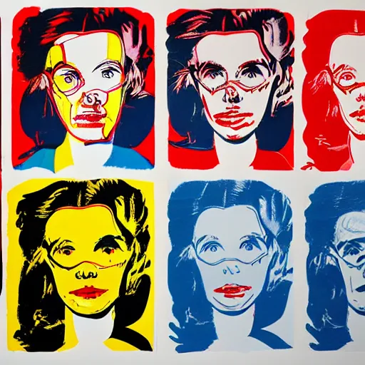 Prompt: panels of primary colors lithography cyborgs in the style of andy warhol