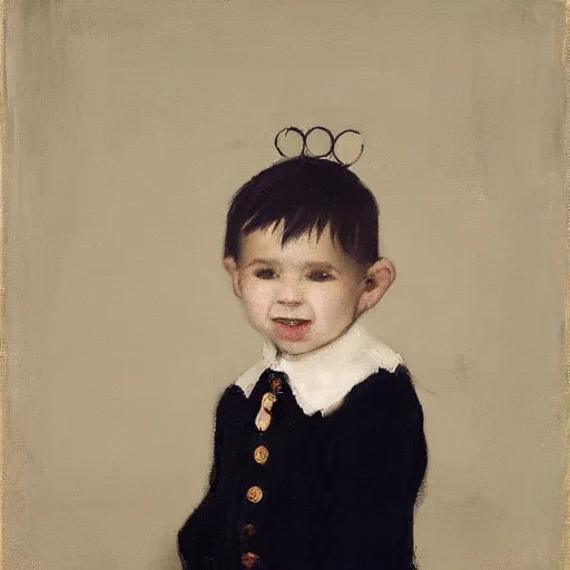 Image similar to tonalism flowing, cosy by akos major, by margaret modlin. a painting of a young boy disguised as a dragon. the boy is shown wearing a costume with dragon - like features, including a long tail, wings, & horns. he has a large grin on his face, suggesting that he is enjoying his disguise.