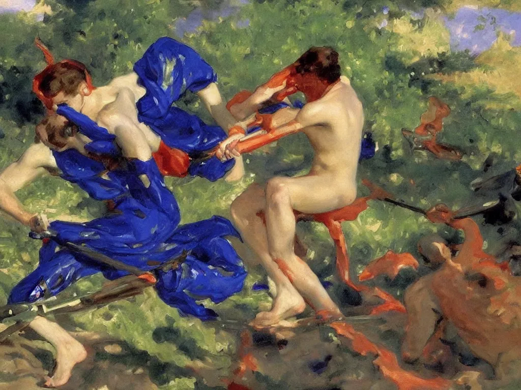 Prompt: painter fighting with lapis-lazuli, malachite, cinnabar pigments. Painting by John Singer Sargent.