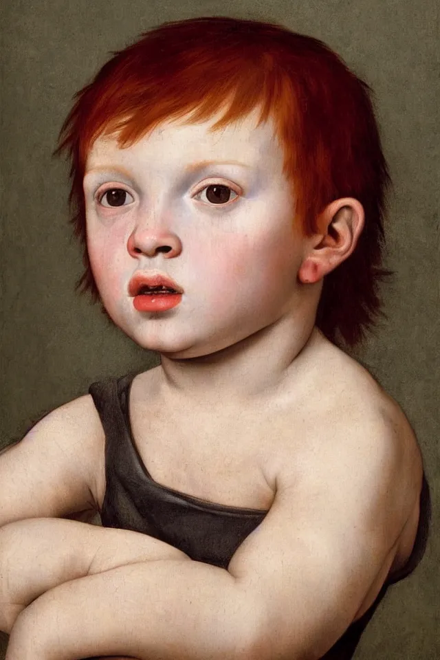 Image similar to hyper realistic portrait of a child from the 16th century with red hair and freckles, Art by Caravaggio