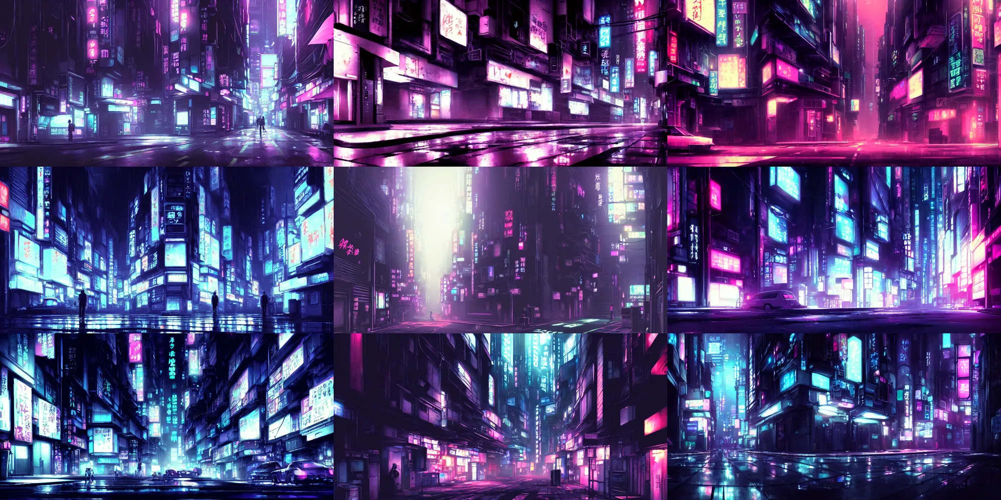 Prompt: intimate close up of an atmospheric moody neon noir street in a cyberpunk city, by Shichiro Kobayashi, in the anime series ghost in the shell, by makoto shinkai, hazy and dreary, artstation trending