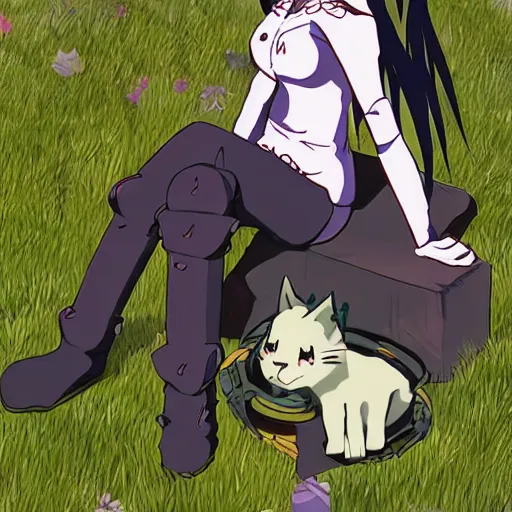 Prompt: an emo cat girl themed non-traumatic mecha anime, with grassy pigs - n 4