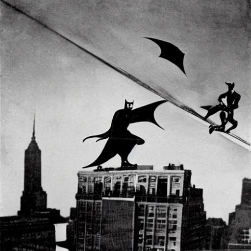 Prompt: old black and white photo, 1 9 2 5, depicting batman fighting a new york gangster on top of a skyscraper of new york city, rule of thirds, historical record