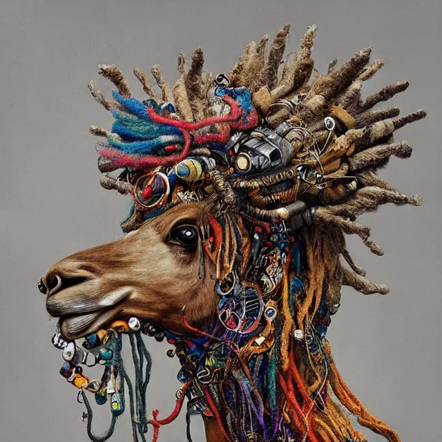 Image similar to llama with dreadlocks, industrial scifi, by mandy jurgens, ernst haeckel, el anatsui, james jean