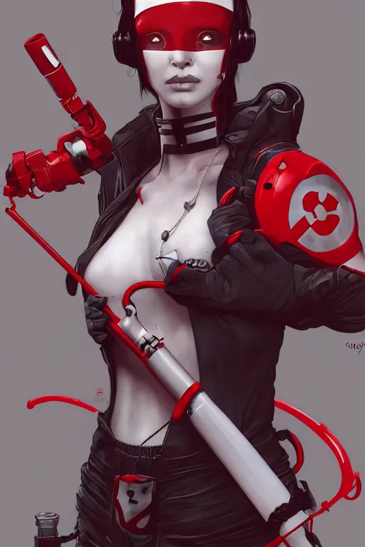 Prompt: covid - 1 9 nurse holding a syringe, wearing cyberpunk nurse armor, black and white and red, by tom bagshaw and alphonse mucha and atey ghailan and artgerm and and greg rutkowski and hajime soriyama, hyper realistic, octane render, trending on artstation