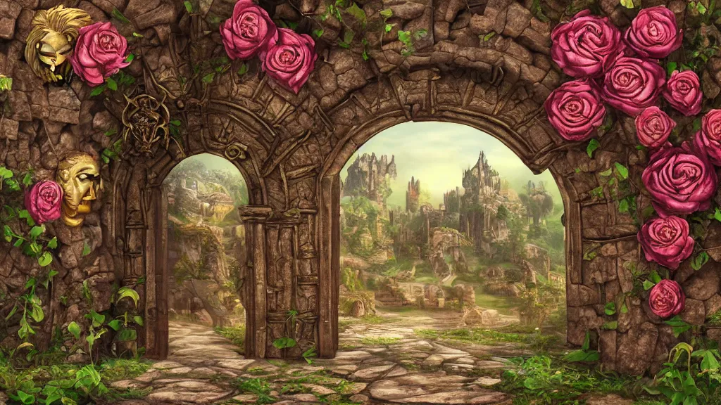 Prompt: A giant medieval fantasy gate with an gold carved lion face at the center in the middle of a beautiful fantasy landscape, vines with thorns around the gate, roses and all kinds of flowers, vivid vegetation, pastel color tones, clear clean, HD, illustration, epic, fantasy, intricate, elegant, highly detailed, digital painting, artstation, concept art, smooth, wallpaper, digital 2D, painterly style, high contrast, golden ratio, rule of thirds, Studio Ghibli, art by artgerm and greg rutkowski and alphonse mucha and jin xiaodi