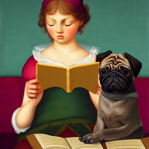 Image similar to a girl and her pug reading a book by Raphael, Hopper, and Rene Magritte. detailed, romantic, enchanting, trending on artstation.