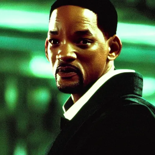 Image similar to will smith as neo in the matrix movies, cinematic, atmosphere, dynamic light, ultra realistic, very detailed