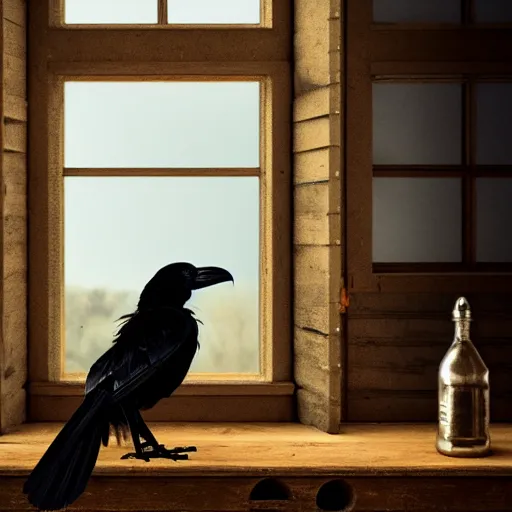 Prompt: Black Raven Perching Under an Open Window on the Table of a Workroom with Clockwork Parts and Metal Pieces and a Few Black Feathers on the Table, Crisp, Clear, Focused, Sunlight Streaming in through the Window, Digital Art on Artstation