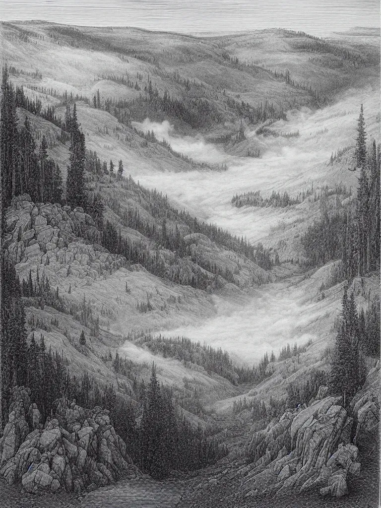 Image similar to an engraving of yellowstone national park by gustave dore and albrecht durer highly detailed, fog, depth, lithograph engraving