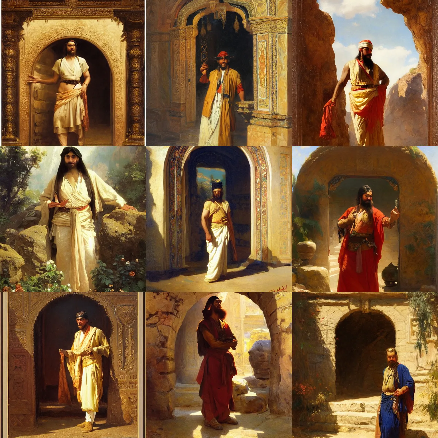 Prompt: orientalism painting of a hero standing in front of a magic stone portal by theodore ralli and nasreddine dinet and anders zorn and nikolay makovsky and edwin longsden long, oil on canvas, masterful intricate artwork, excellent lighting, high detail 8 k