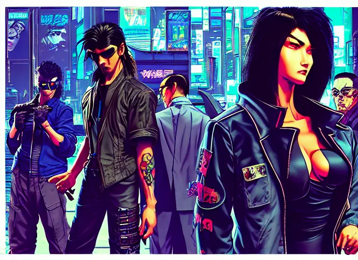 Image similar to cyberpunk yakuza enforcers. portrait by stonehouse and mœbius and will eisner and gil elvgren and pixar. character design. realistic proportions. cyberpunk 2 0 7 7 character art, blade runner 2 0 4 9 concept art. cel shading. attractive face. thick lines. the team. diverse characters. artstationhq.