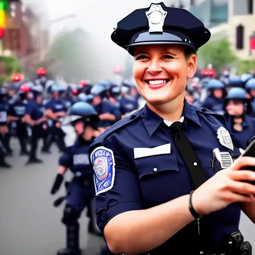 Prompt: smiling cop takes a selfie in front of a riot, time magazine 2 0 2 2, high detail, 8 k