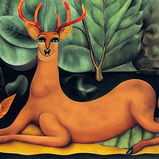Image similar to a deer with the face of a woman lying on the ground, by frida kahlo