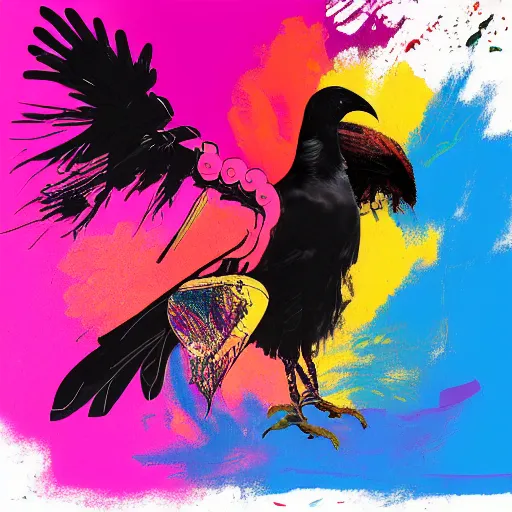 Image similar to illustration of cyberpunk raven, colorful splatters, by andy warhol and by zac retz and by kezie demessance