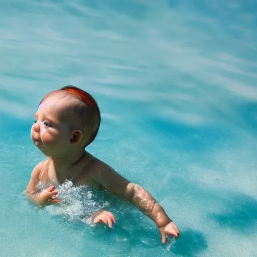 Prompt: a beautify baby swimming in a lake between the clouds, 4 k