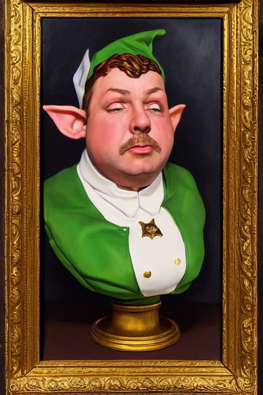 Image similar to high fantasy elf mall cop with a sheriff's badge that is fat, shifty, and incompetent, portrait from the chest up, Oil Painting, hyper realistic, dutch golden age, 3/4, bust 8k UHD scan
