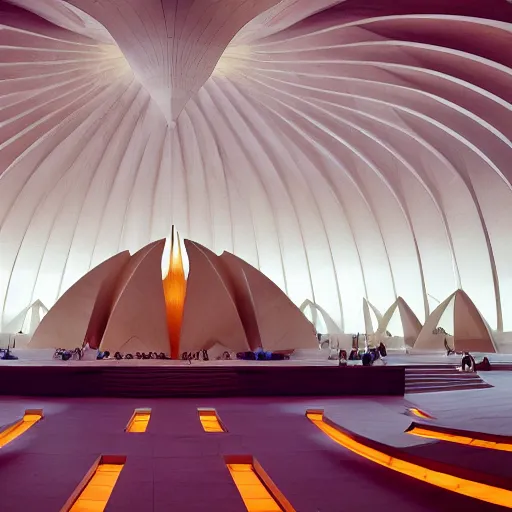 Image similar to interior of a futuristic lotus temple with gold, red and white marble panels, in the desert, by buckminster fuller and syd mead, intricate contemporary architecture, photo journalism, photography, cinematic, national geographic photoshoot