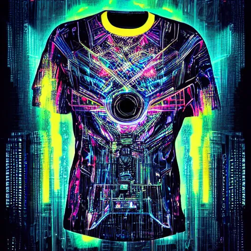 Prompt: photo of a black tshirt with a hyperdetailed portrait of a futuristic trippy cyberpunk dancing robot, 8 k, symetrical, flourescent colors, multicolored tshirt art,