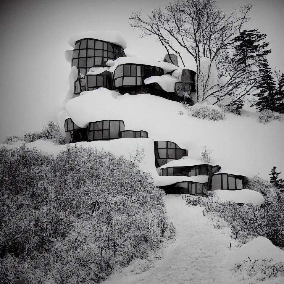 Image similar to a road leading to a mid-century modern house with large windows on top of a cliff in the arctic, covered with snow, designed by Frank Gehry. Big tiles. Film grain, cinematic, yellow hue