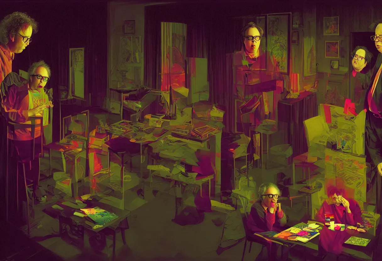 Prompt: bright psychedelic todd solondz with bill hicks and charlie kaufman, crying and puking, abused, bully, diffuse lighting, fantasy, intricate, elegant, highly detailed, lifelike, photorealistic, digital painting, artstation, illustration, concept art, smooth, sharp focus, art by gregory crewdson and francis bacon