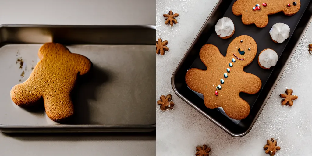 Prompt: gingerbread cookie shaped like a caterpillar on a baking pan, dslr, photography