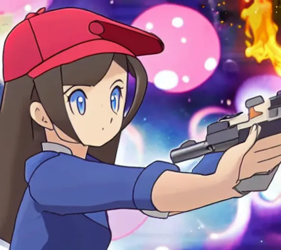 Image similar to marnie from pokemon pointing a gun at the screen