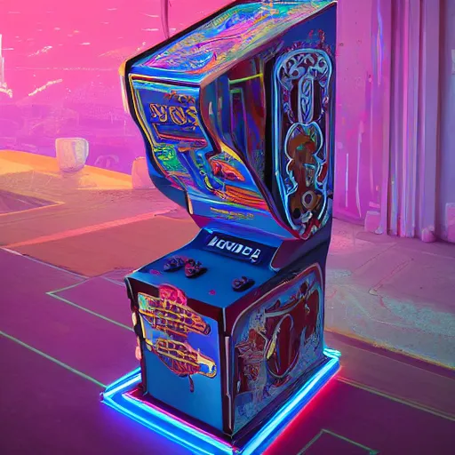 Image similar to arcade cabinet, translucid skin, slik design, colorful chrome:: by beeple and James Gilleard and Justin Gerard :: ornate, dynamic, particulate, intricate, elegant, highly detailed, centered, artstation, smooth, sharp focus, octane render, 3d