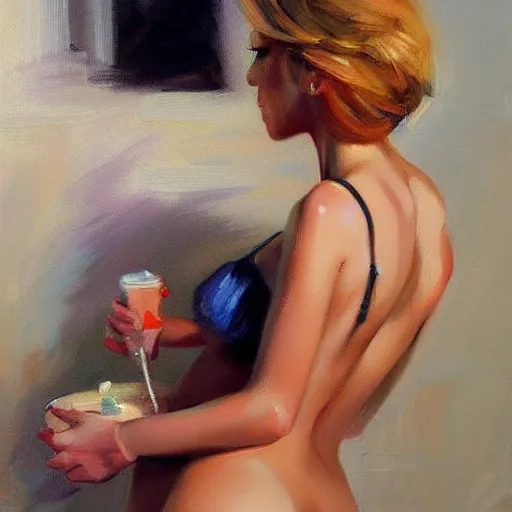 Prompt: blonde wife undressing, painting by Vladimir Volegov