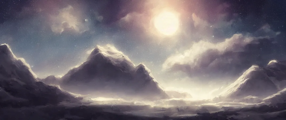 Image similar to snowy mountain range, stars in sky, whales swimming in sky, digital painting, concept art, high detail, style of Jordan Grimmer, fluffy calm clouds, matte painting, high res, moon shine, volumetric, starry sky