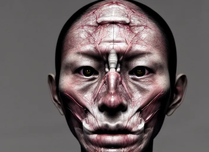 Image similar to mid shot portrait of samurai with translucent skin, visible bones and muscle and veins and nerves and internal organs, in the style of david cronenberg, high fashion, id magazine, realistic, sharp focus, 8 k high definition, film photography, photo realistic, insanely detailed, by david kostic and stanley lau and artgerm