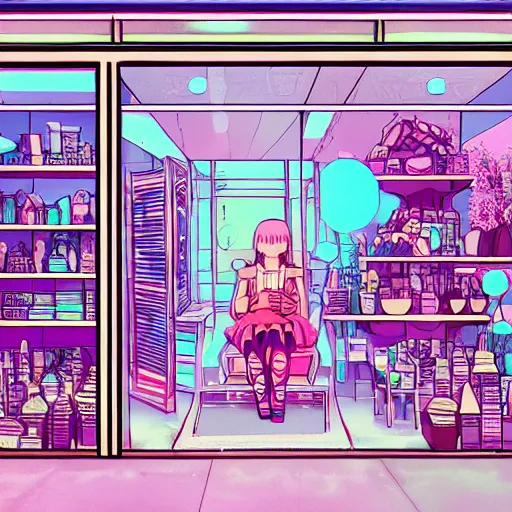 Image similar to cyberpunk girl sitting inside an empty store being looked at through the window in the style of studio ghibli, soft anime illustration, dark neon colors, soft ambience, zoomed in, backlit, lots of details