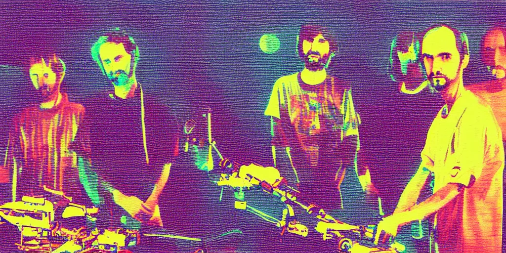 Prompt: risograph grainy painting of boards of canada, tomorrow harvest, i see drones, by moebius and dirk dzimirsky and satisho kon, blue hour, close - up wide portrait