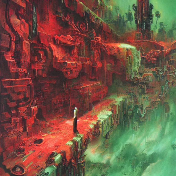 Image similar to gargantuan endless disappointment of crying souls in crack of humanity dissolution, red and green palette, by ( h. r. giger ) and paul lehr