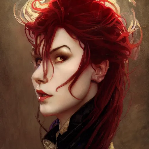 Image similar to portrait of a menacing beautiful vampire, face only, by Stanley Artgerm Lau , greg rutkowski, thomas kindkade, alphonse mucha, loish, norman rockwell, J. C. Leyendecker. red hair, pale skin, sinister complexion. D&D, fantasy. Trending on artstation rule of thirds extremely detailed illustration hd 4k