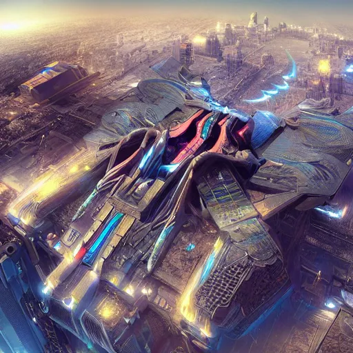 Prompt: an aerial scene of the beautiful intricate epic futuristic cybernetic sphinx in a cyberpunk pharaoh city, hyper detailed, cinematic lighting