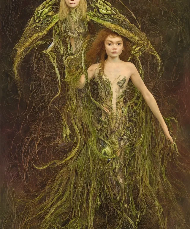 Prompt: a portrait photograph of a fierce sadie sink as an alien harpy queen with slimy amphibian skin. she is trying on a black lace bulbous feathered slimy organic membrane parasite dress and transforming into an insectoid amphibian. by donato giancola, walton ford, ernst haeckel, brian froud, hr giger. 8 k, cgsociety