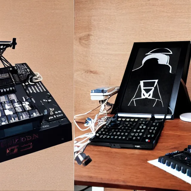 Image similar to a photograph of an origami of mf doom playing a roland sp 4 0 4 on top of a wooden table