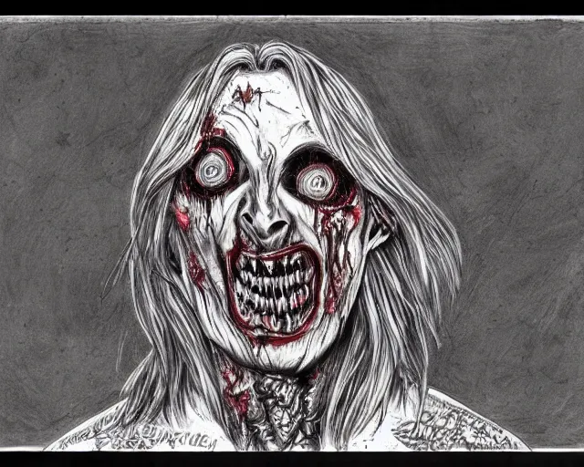 Prompt: Justin Bartlett pen drawing of a horrifying zombie, heavy metal