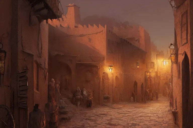 Prompt: in the middle of a adobe house kasbah town, mud and brick houses, merchant street, pueblo dense architecture, narrow streets, colorful crowd. Scenic view at night, underexposed, clean horizon, matte painting by craig mullins and Anato_Finnstark, dark fantasy, style of game of thrones, concept art trending on artstation, 4k, insane details