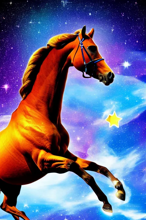 Image similar to astonaut horse, wearing space helmet, floating in space, nebulas and stars in background, space photography, ultrarealistic, sharp focus, intricate, ultra high definition, ultra resolution details, no duplicate, proportional, shadow effect, baroque environment