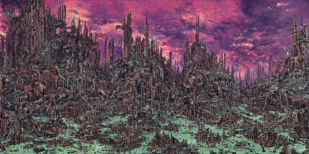 Prompt: post apocalyptic scifi landscape with city ruins, bustling with orcs and elven mystics, by philippe druillet, psychedelic colors